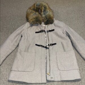 Calvin Klein tan wool blend coat with Hood and Faux Fur Trim